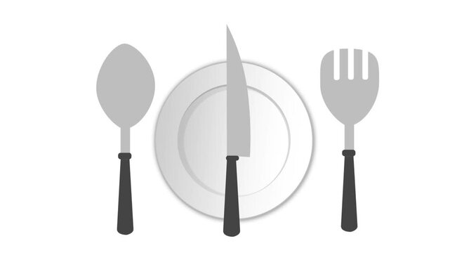 A minimalist animation of a spoon, knife, fork, and plate over a background that transitions to green screen.