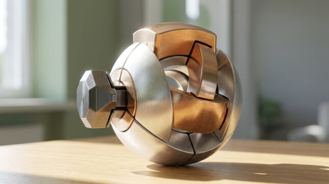 Metallic modulator concept sleek axial mechanism on wooden table with soft light and modern interior