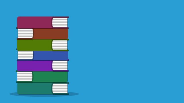 Stacking multi-colored books one by one over a clean solid blue background.