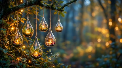 Hanging glass terrarium candles glowing on a forest tree branch at dusk © Mark