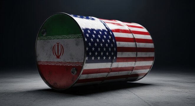 Industrial oil barrel with USA and Iran flags, crude oil drum representing international trade relations, metal fuel container for energy politics