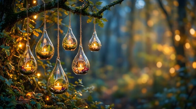 Hanging glass terrarium candles glowing on a forest tree branch at dusk