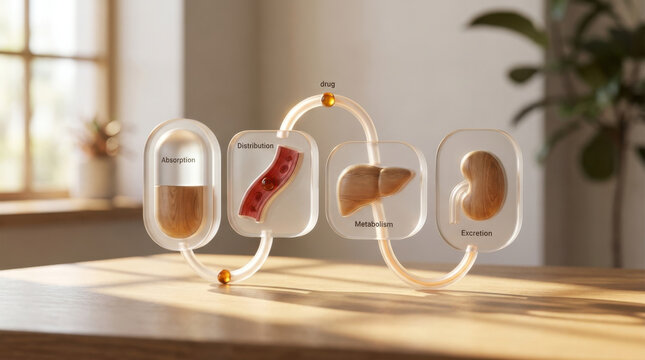 Drug absorption distribution metabolism excretion concept on wooden table in bright room, medical process