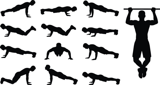 Fitness workout silhouettes vector, men doing pushups and pullups, calisthenics exercises set