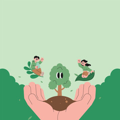 Cute children and tree sprout on giant hands for environmental protection concept