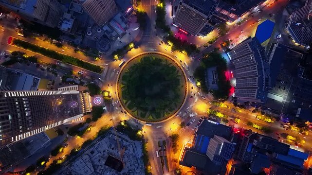 Aerial night view of the traffic roundabout at Huigong Square in Shenyang, Liaoning Province, China