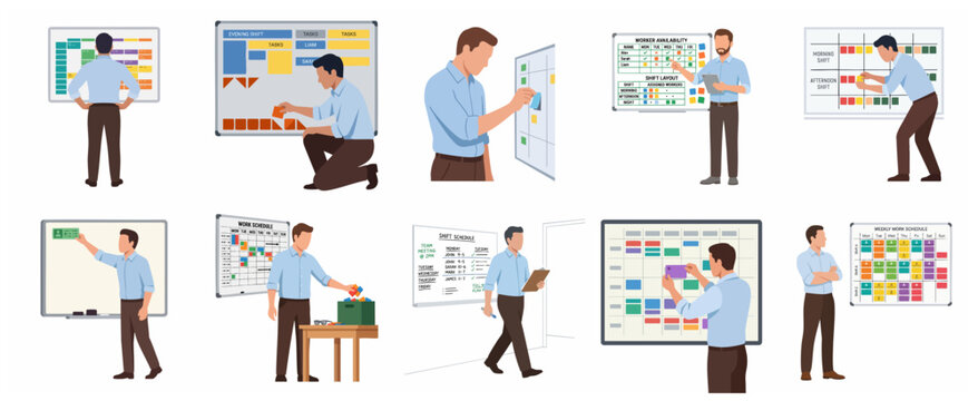 Set of Businessmen Planning and Managing Work Shift Schedules on Whiteboard Planner