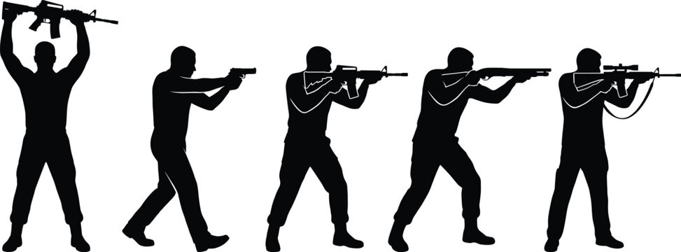 Soldier silhouettes set, armed men aiming with rifles and handguns, vector illustration