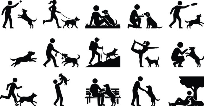 People and dog stick figures vector, pet training and outdoor activities set