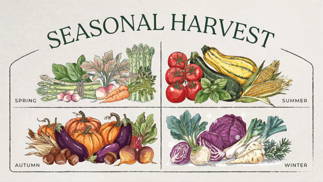 Seasonal harvest vegetables and fruits in four seasons  spring summer autumn winter
