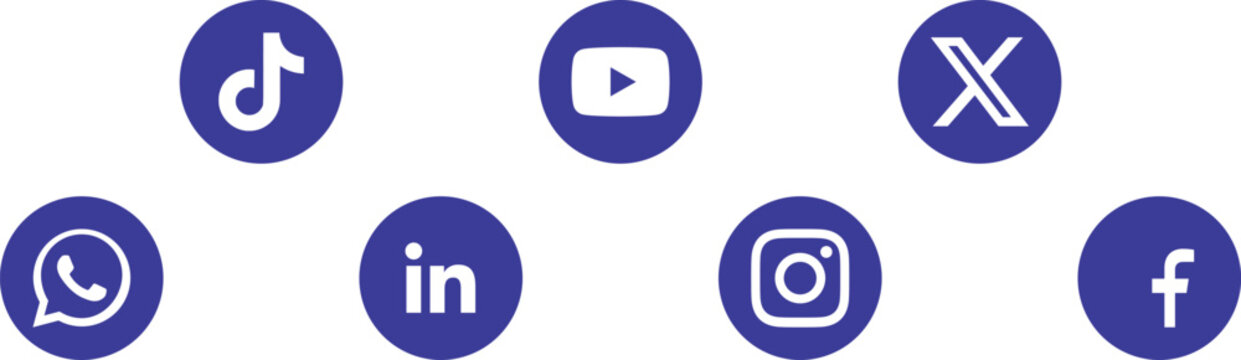 Mix of social media icons in dark blue circles for tiktok youtube whatsapp linkedin instagram facebook.