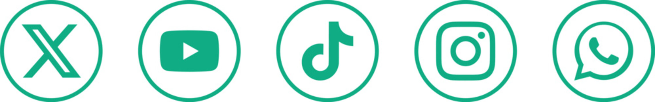 Social media icons collection in green circular outline style on transparent grid layout.