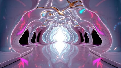 Fototapeta premium Futuristic corridor. Smooth curves, bright light source, pink accents. Dark background creates dramatic effect. Interior design emphasizes symmetry.
