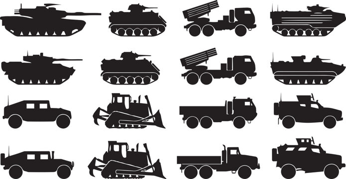 Military vehicles silhouettes set. Army tanks, rocket launchers, armored personnel carriers, military trucks, and combat machinery black icons isolated on white background