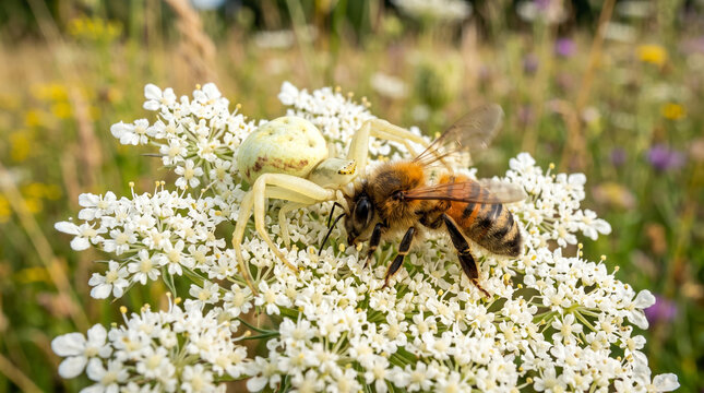 Crab spider (Misumena vatia) camouflage in a flower and attacked bee.
