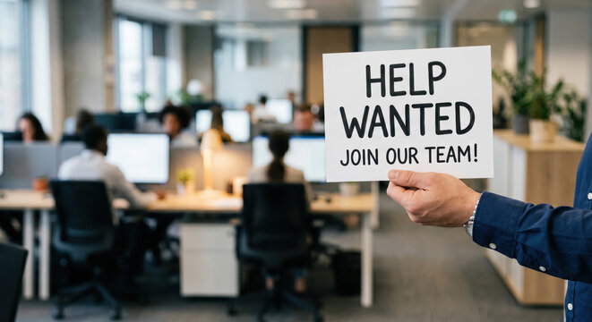 Help wanted sign held in office with staff working in background showing staffing shortages and urgent hiring needs in business environment