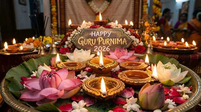 Guru Purnima Celebration: Lit Diyas, Lotus Flowers, Incense Sticks, Festive Decor