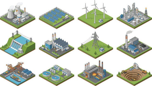 Industrial power plants and heavy industry isometric set, energy infrastructure, factory manufacturing vector illustration
