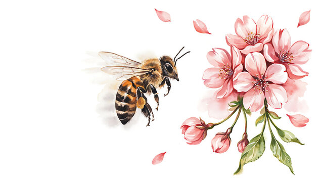 A honey bee flying towards a cluster of blooming pink cherry blossoms isolated on a transparent background