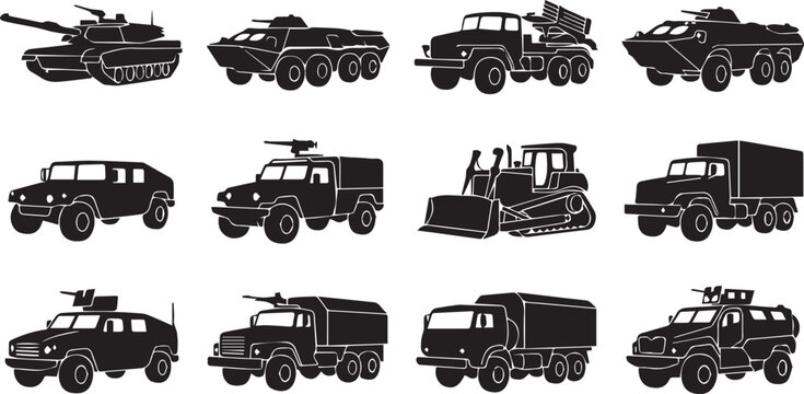 Military vehicles silhouettes set. Tank, armored personnel carriers, army trucks, and heavy machinery black icons isolated on white background