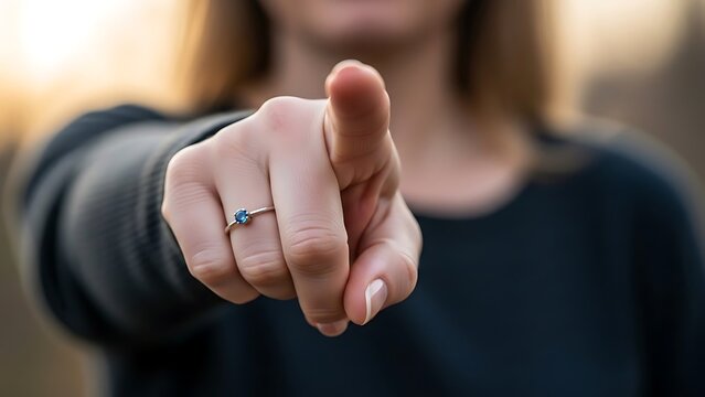 Woman pointing finger forward with determination and focus.
