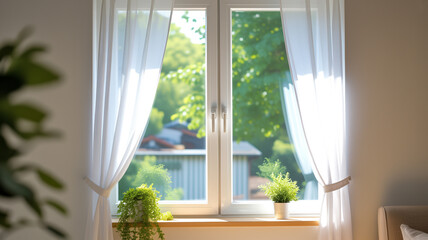 Fototapeta premium Window from inside house plastic doubleglazed window view outside sunny forest interior salon with potted plants clean glass after cleaning windows closed window