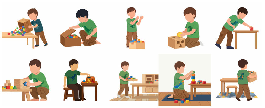 Toddler Boy Playing with Wooden Blocks, Sorting Shapes, and Organizing Toys Illustration Set