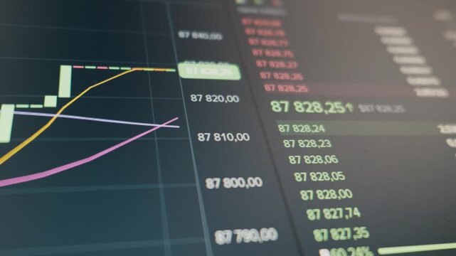 Digital stock market chart displays real-time price fluctuations with candlestick graphs. The dark interface shows updating numbers, moving average lines, and a data ticker.