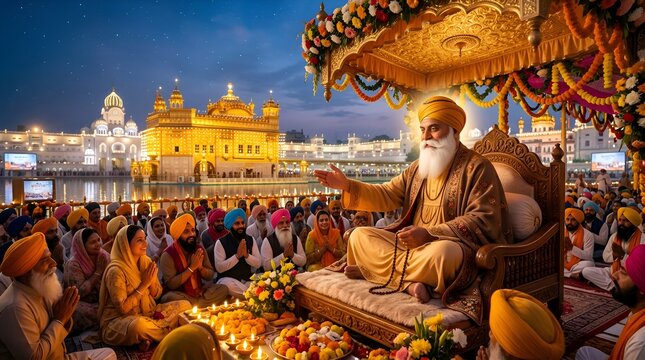 Guru Granth Sahib Exegesis at Golden Temple, Amritsar, India at dusk