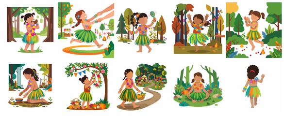 Set of vector illustrations depicting young girls in traditional Hawaiian hula costumes and floral leis celebrating island life in a tropical forest environment. © Haimura