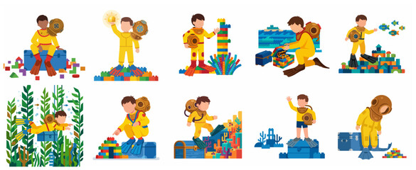 Creative childhood imagination concept with a boy in a vintage diving suit playing with colorful building blocks to build an underwater adventure world, flat vector illustration set © Haimura
