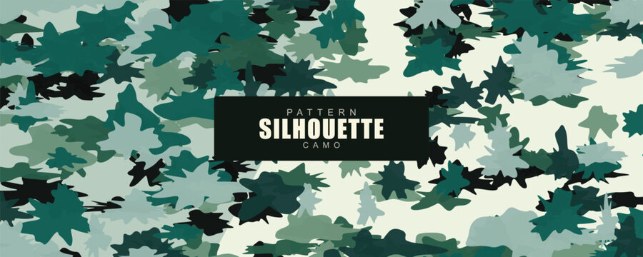 Abstract camouflage pattern in green and black tones on a light background with a central text box