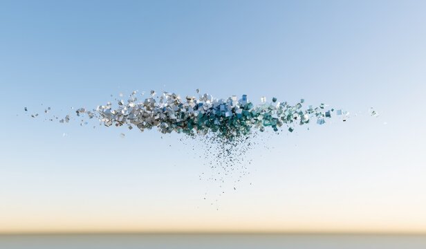 Abstract digital cloud of cubic fragments floating in a minimalist sky, concept of big data and technology