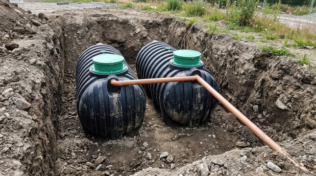Two black plastic underground septic tanks installed in a construction pit
