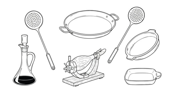 Set of hand drawn kitchenware and cooking tools for food preparation.