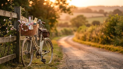 Fototapeta premium Vintage bicycle with gift basket leaning on wooden fence at sunset