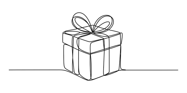 Continuous single line drawing of a gift box with a bow ribbon present for birthday celebration isolated on white background Vector, illustration
