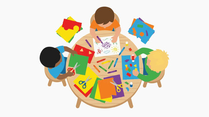 Fototapeta premium Illustrated children engaged in a fun art and craft activity around a round table, surrounded by colorful materials