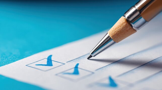 Close up of a ballpoint pen marking a checkbox on a paper form
