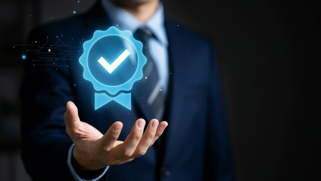 Businessman holding digital verified badge certification icon
