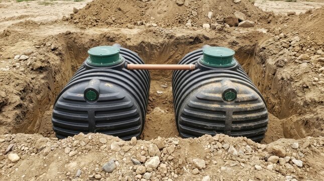 Two black plastic septic tanks installed in an open excavation trench