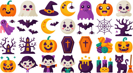 Fototapeta premium Kawaii halloween illustration set cute ghosts pumpkins bats witch hats and spooky elements for festive designs