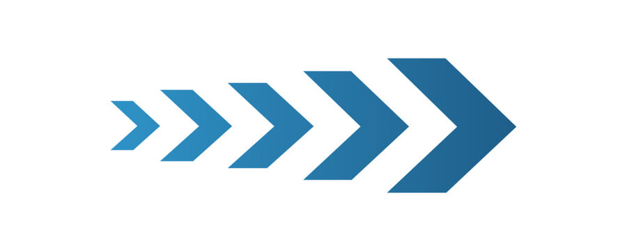 Blue chevron arrows progression icon, forward movement graphic, acceleration direction symbol, advancement design vector, speed momentum illustration, geometric arrow sequence