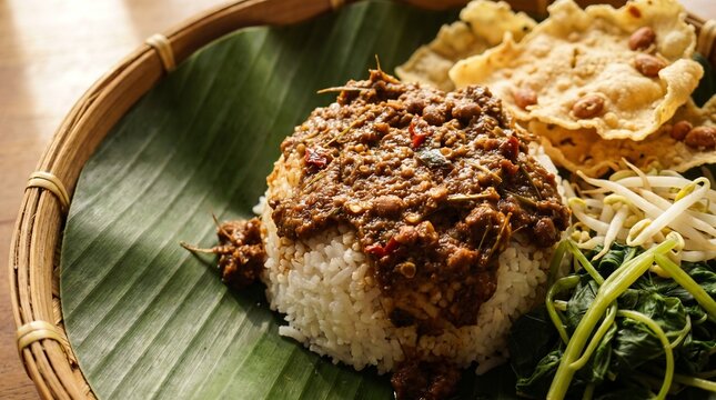 Close up of traditional Indonesian rice with fermented tempeh tumpang sauce on banana leaf