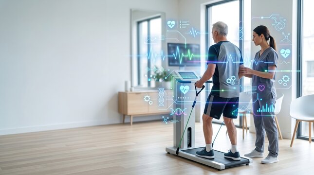 Senior man walking on treadmill during cardiac rehabilitation with nurse supervision, featuring digital health interface showing heart rate data