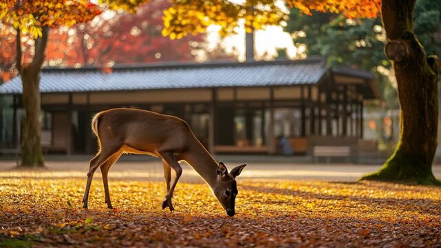 Young deer standing in a sunlit autumn park among golden fallen leaves and trees