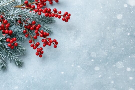 The Red Berries on Frosted Pine Branches in a Winter Snow Scene