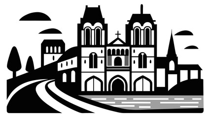 Obraz premium Very beautiful black and white realistic vector illustration of Notre Dame Cathedral beside the river, refined Gothic architectural line art, isolated on white background.