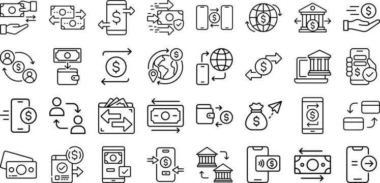 Money transfer, payment, transaction Modern and Premium Icon Set, Editable Stroke, Outline Icon Collection