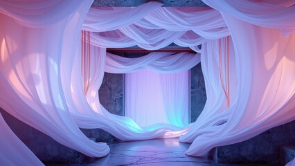 Fototapeta premium Dramatic interior features flowing fabric, soft lighting, stone walls. Mysterious passage creates ethereal, captivating scene.